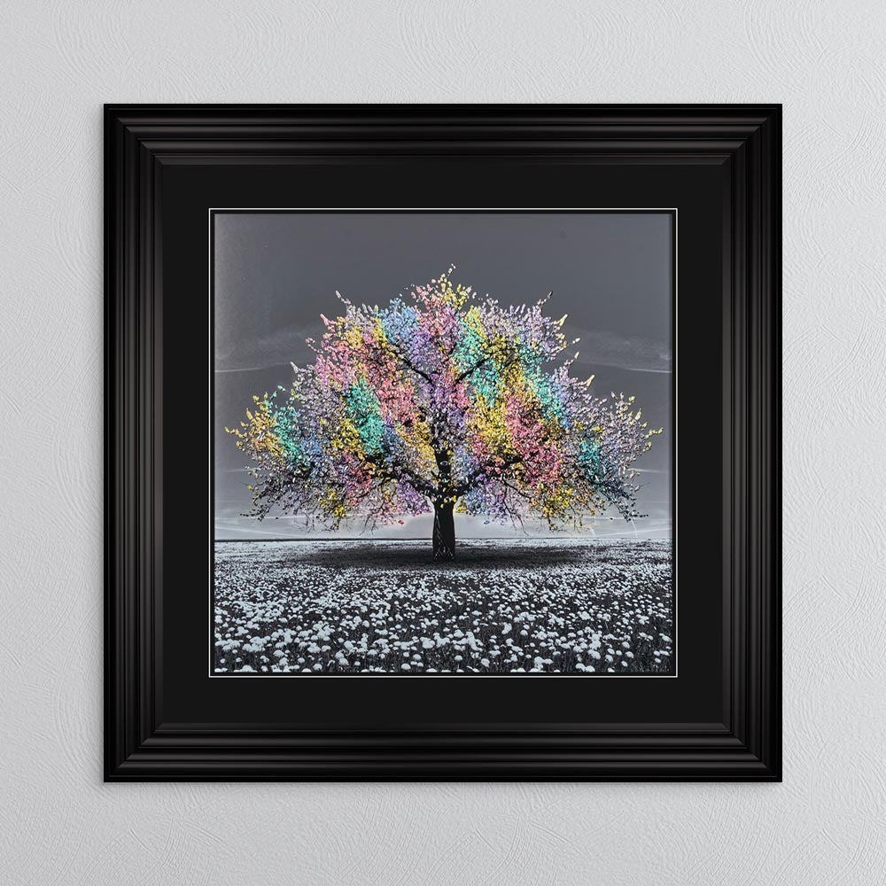 Multicoloured Cherry Tree with Black Mount Framed Wall Art