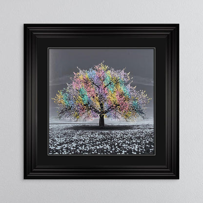 Multicoloured Cherry Tree with Black Mount Framed Wall Art