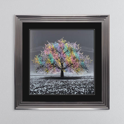 Multicoloured Cherry Tree with Black Mount Framed Wall Art