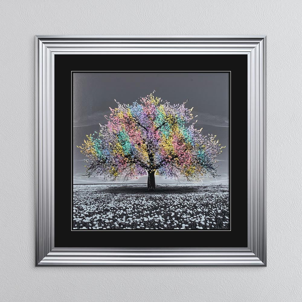 Multicoloured Cherry Tree with Black Mount Framed Wall Art