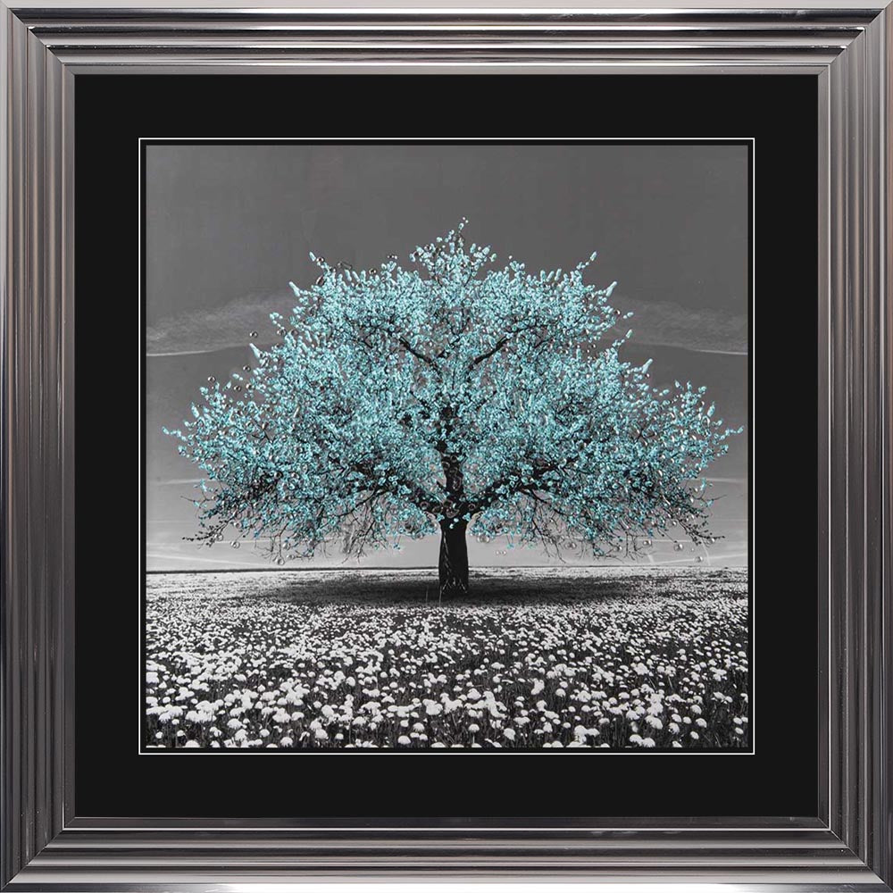 Teal Cherry Tree with Black Mount Framed Wall Art