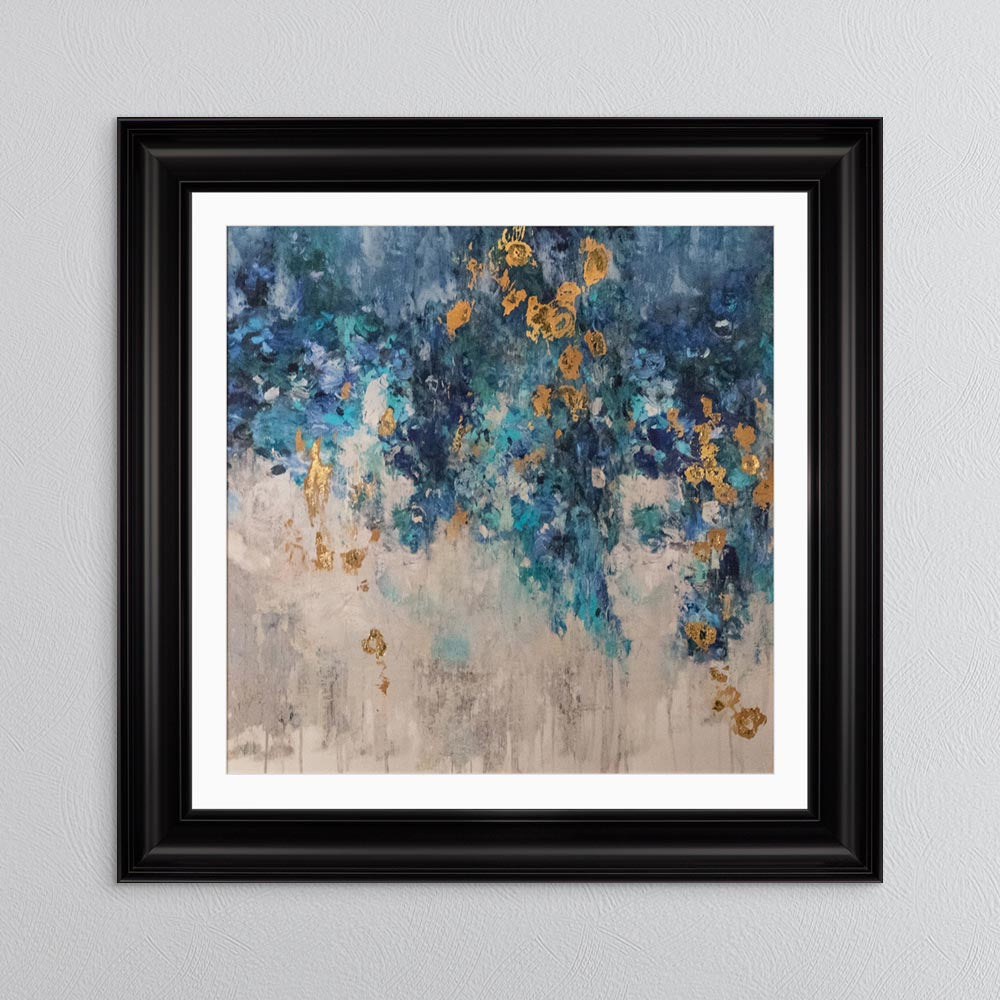 Blooming Blue 1 with Gold Foil Embellishment - with White Mount Framed Wall Art