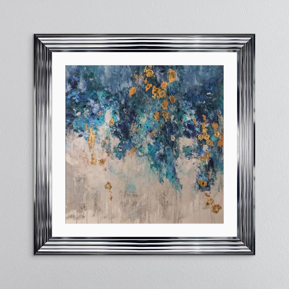 Blooming Blue 1 with Gold Foil Embellishment - with White Mount Framed Wall Art