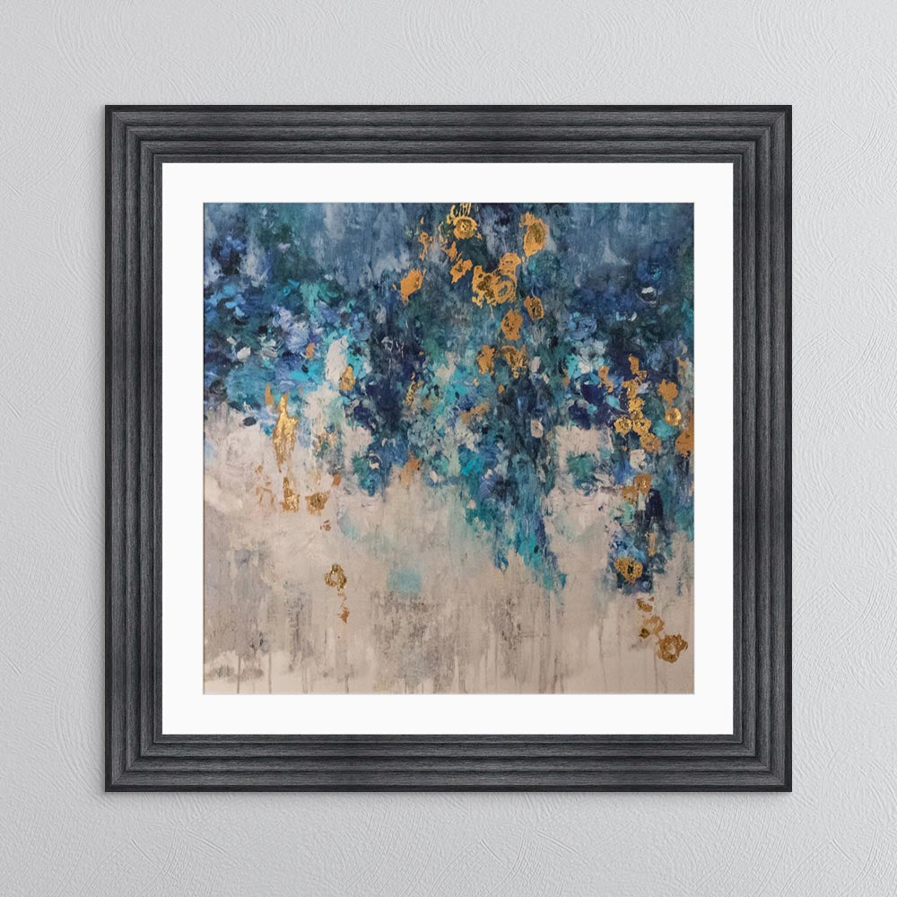 Blooming Blue 1 with Gold Foil Embellishment - with White Mount Framed Wall Art
