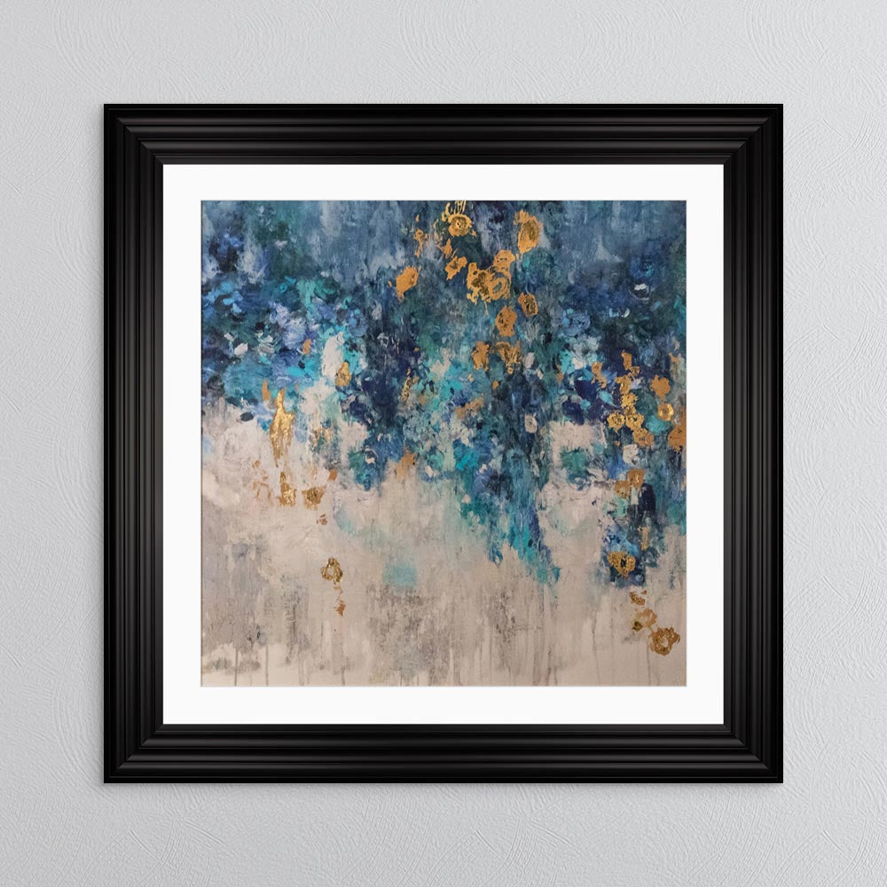 Blooming Blue 1 with Gold Foil Embellishment - with White Mount Framed Wall Art