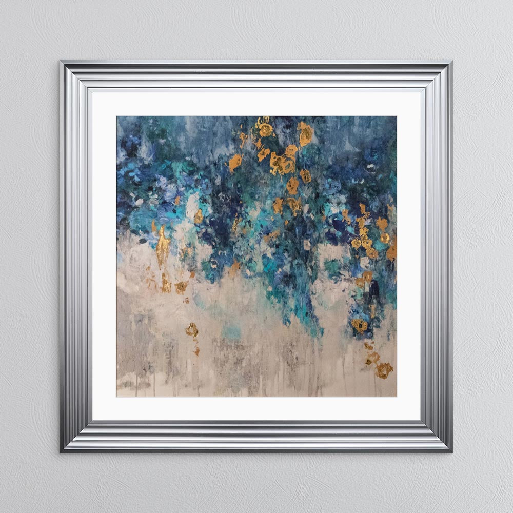 Blooming Blue 1 with Gold Foil Embellishment - with White Mount Framed Wall Art