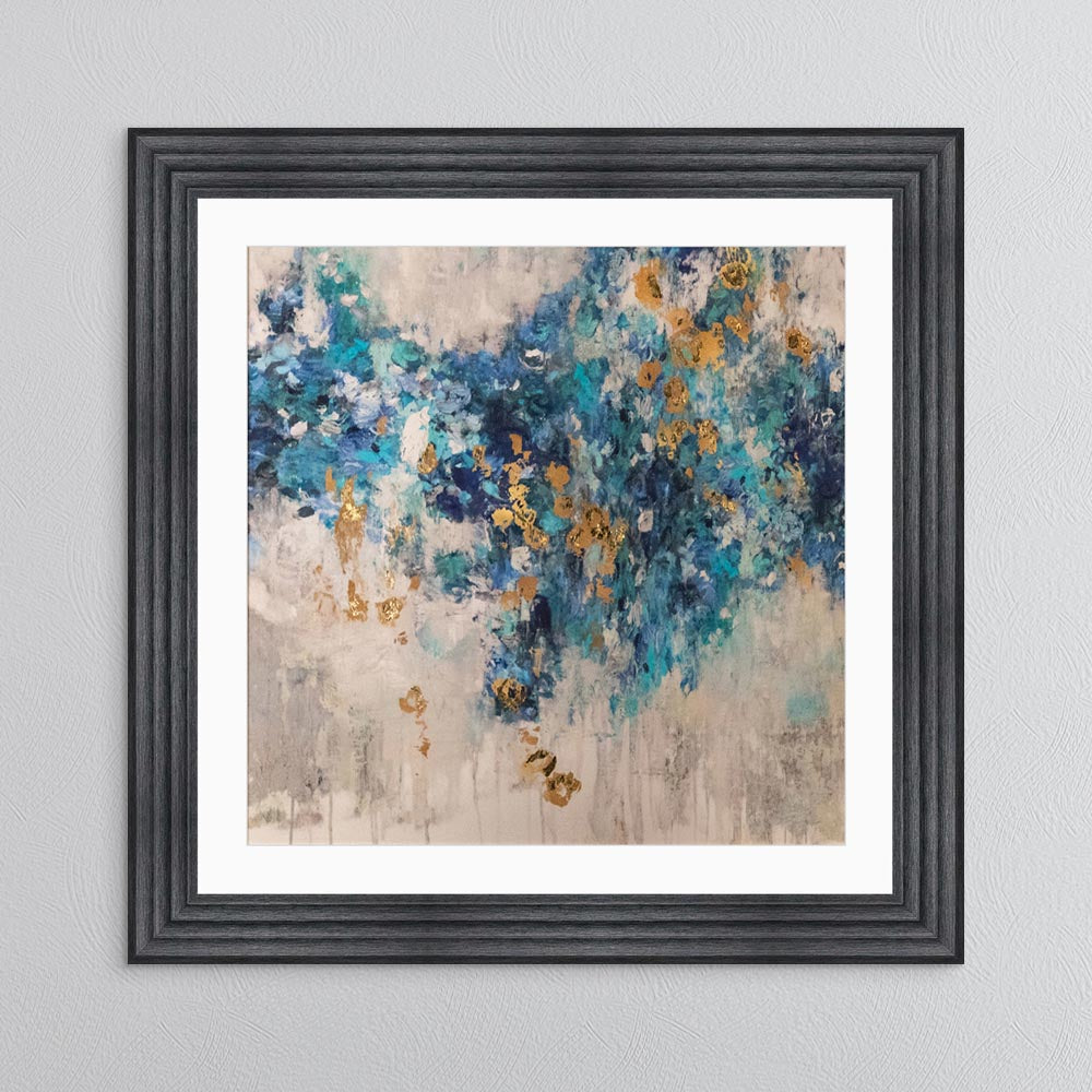 Blooming Blue 2 with Gold Foil Embellishment - with White Mount Framed Wall Art