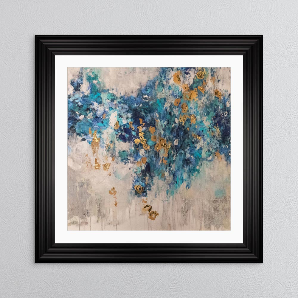 Blooming Blue 2 with Gold Foil Embellishment - with White Mount Framed Wall Art