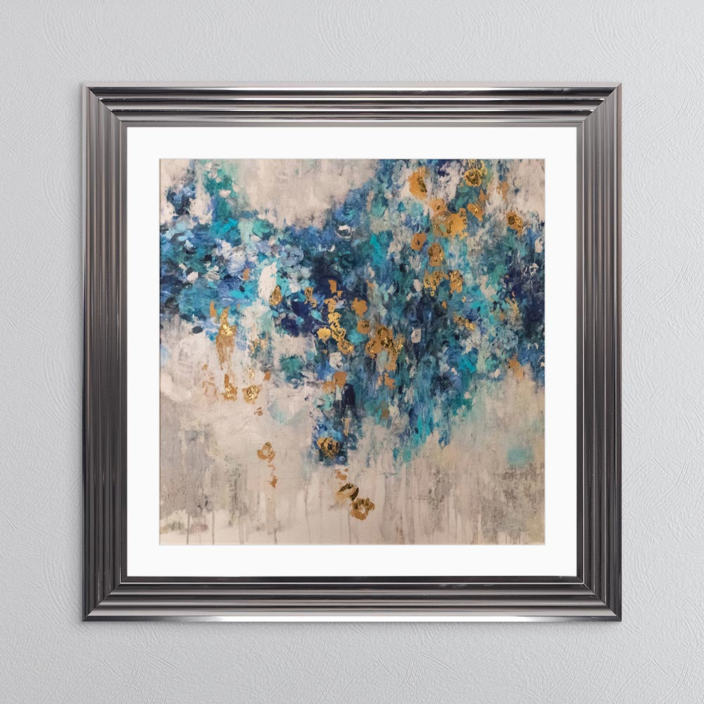 Blooming Blue 2 with Gold Foil Embellishment - with White Mount Framed Wall Art