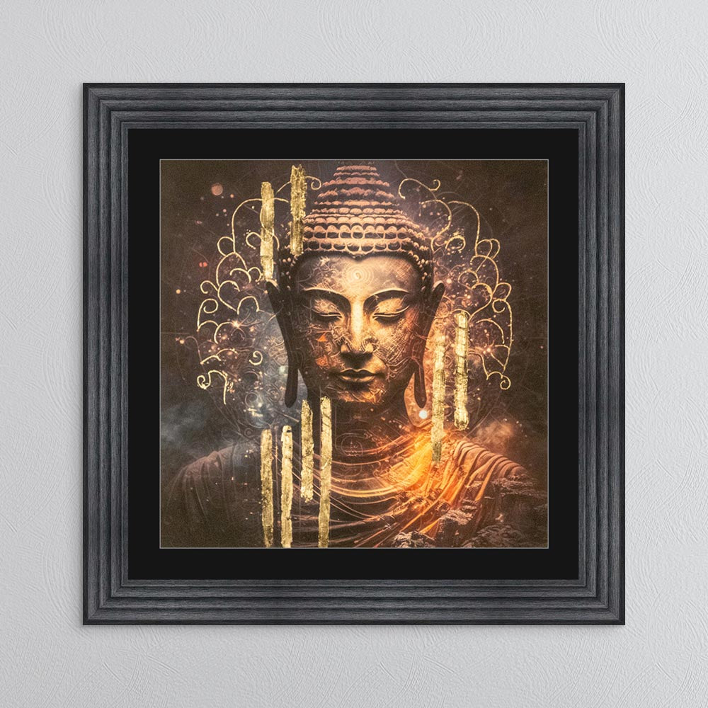 Buddha 5 with Gold Foil Embellishment - with Black Mount Framed Wall Art