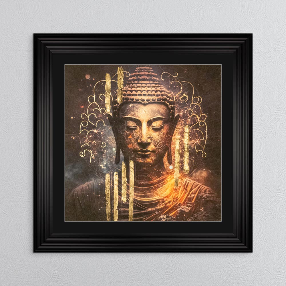 Buddha 5 with Gold Foil Embellishment - with Black Mount Framed Wall Art