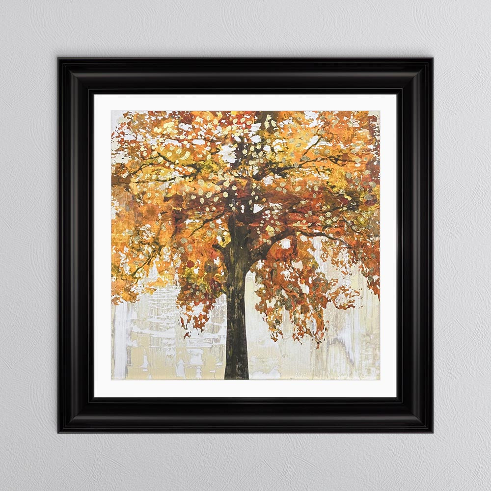 Solo Orange Tree with Gold Foil Embellishment with White Mount Framed Wall Art