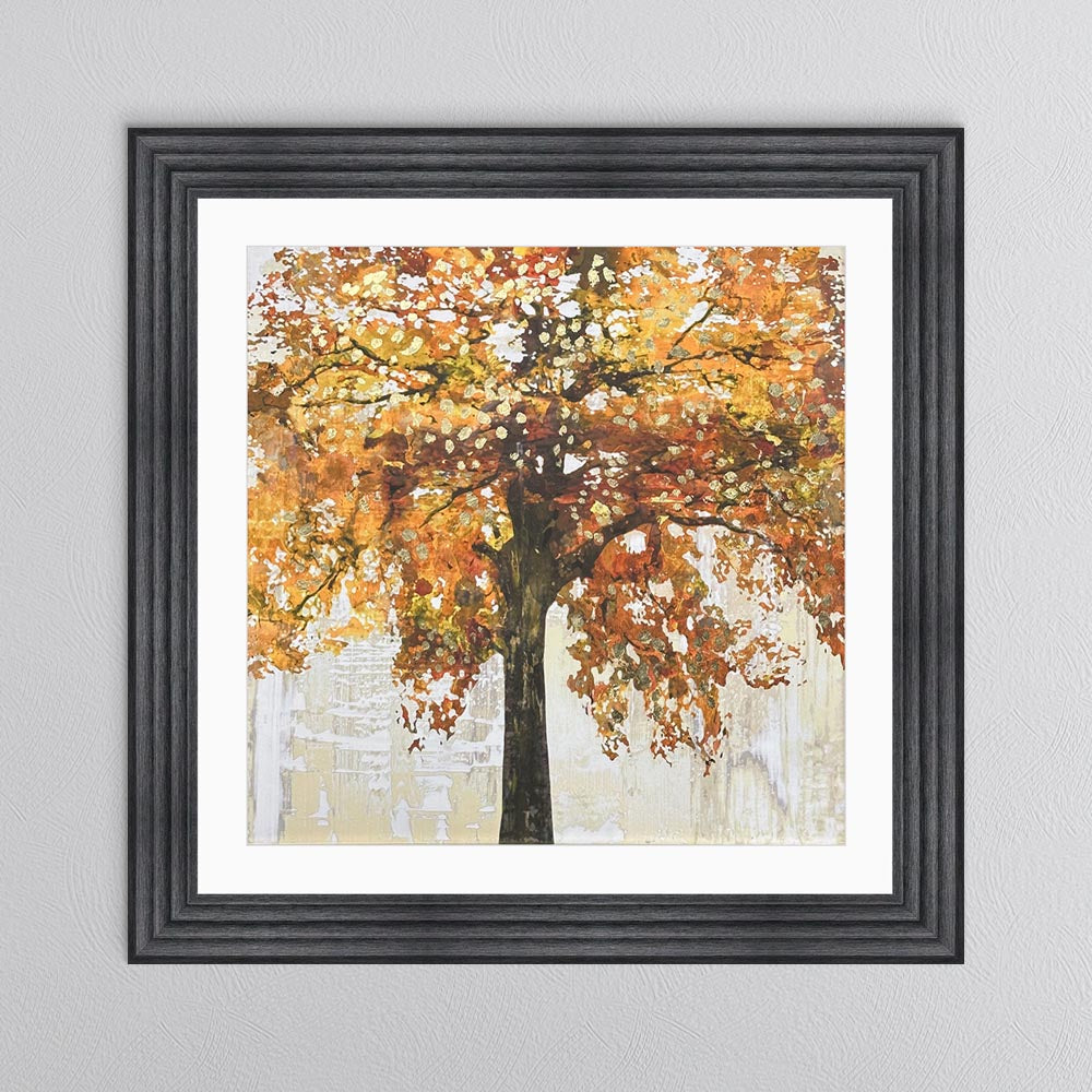 Solo Orange Tree with Gold Foil Embellishment with White Mount Framed Wall Art