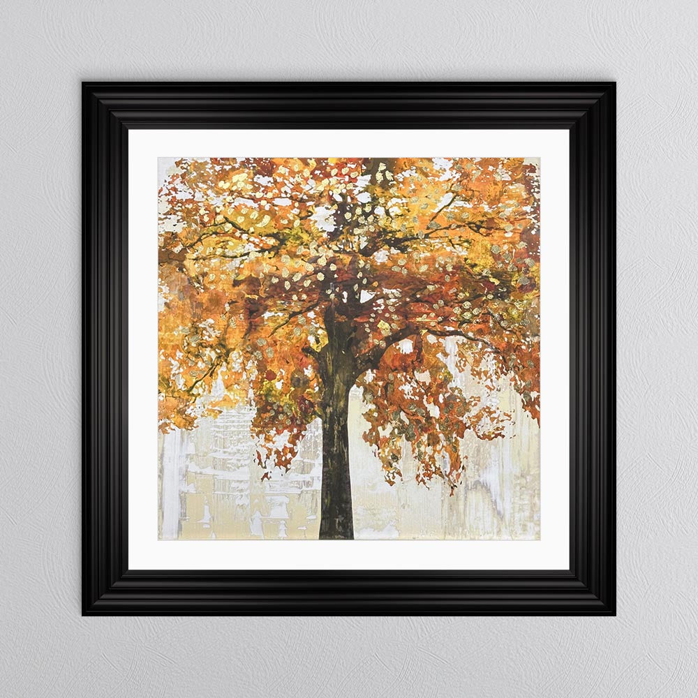 Solo Orange Tree with Gold Foil Embellishment with White Mount Framed Wall Art