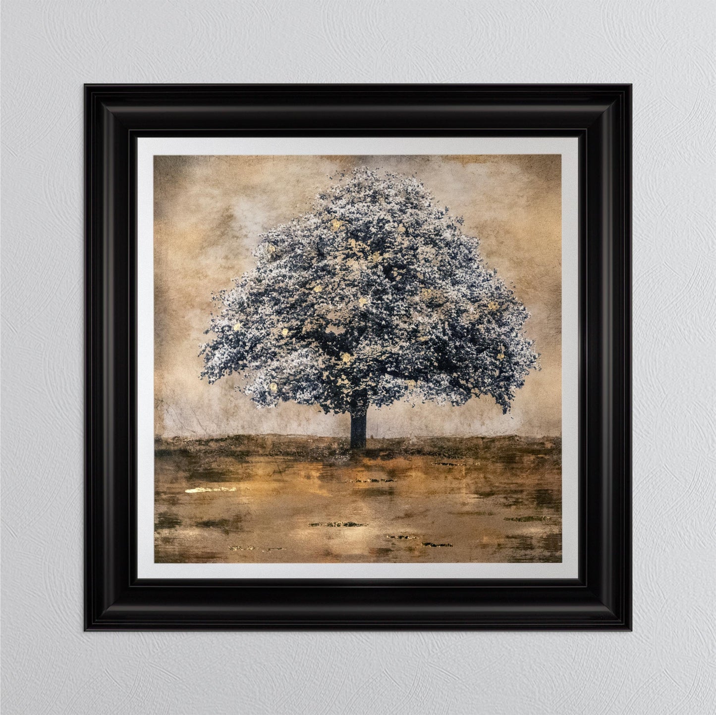 Stately Gold Tree with Gold Foil Embellishment with White Mount Framed Wall Art