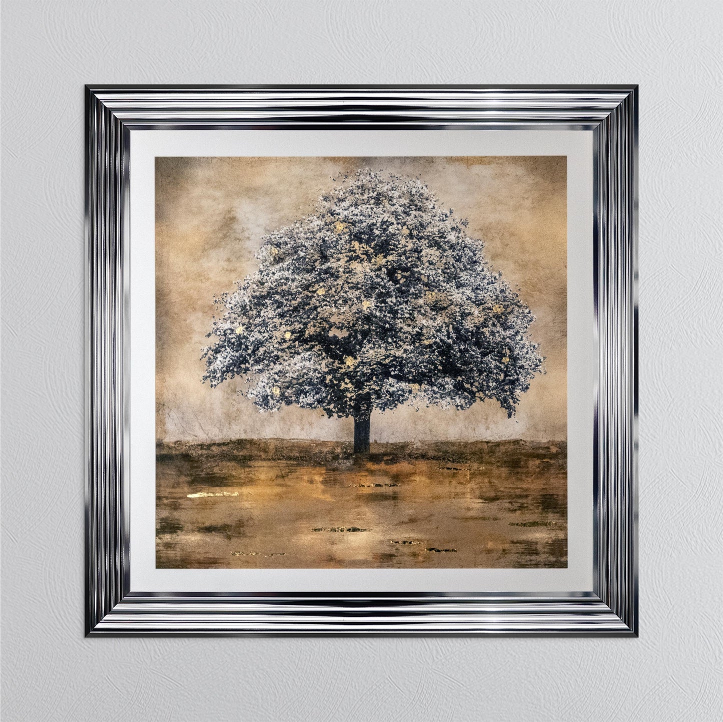 Stately Gold Tree with Gold Foil Embellishment with White Mount Framed Wall Art