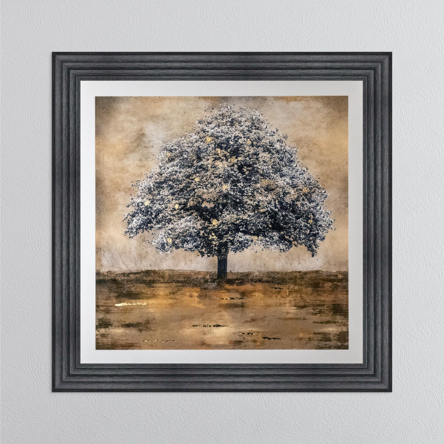 Stately Gold Tree with Gold Foil Embellishment with White Mount Framed Wall Art