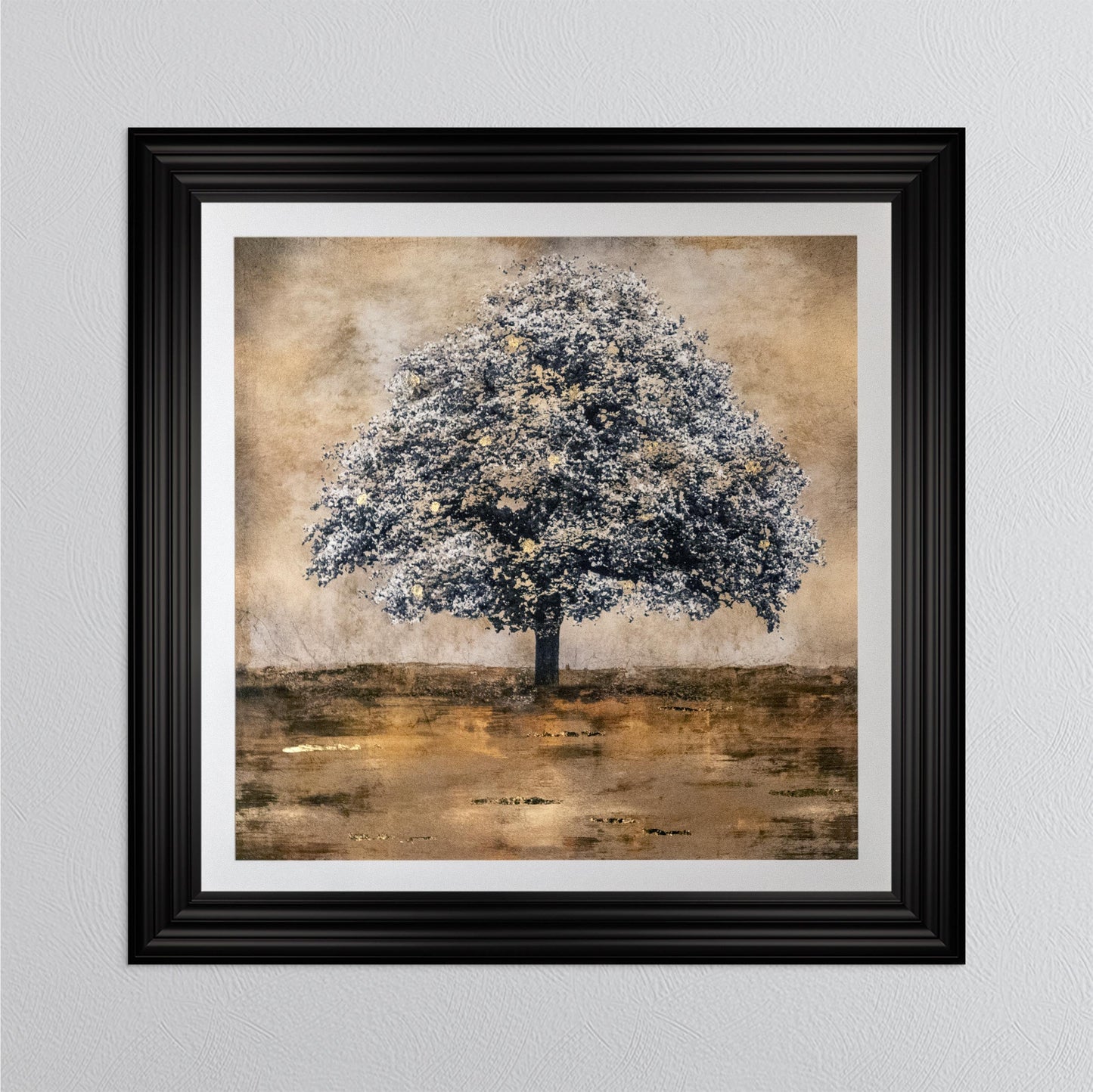 Stately Gold Tree with Gold Foil Embellishment with White Mount Framed Wall Art
