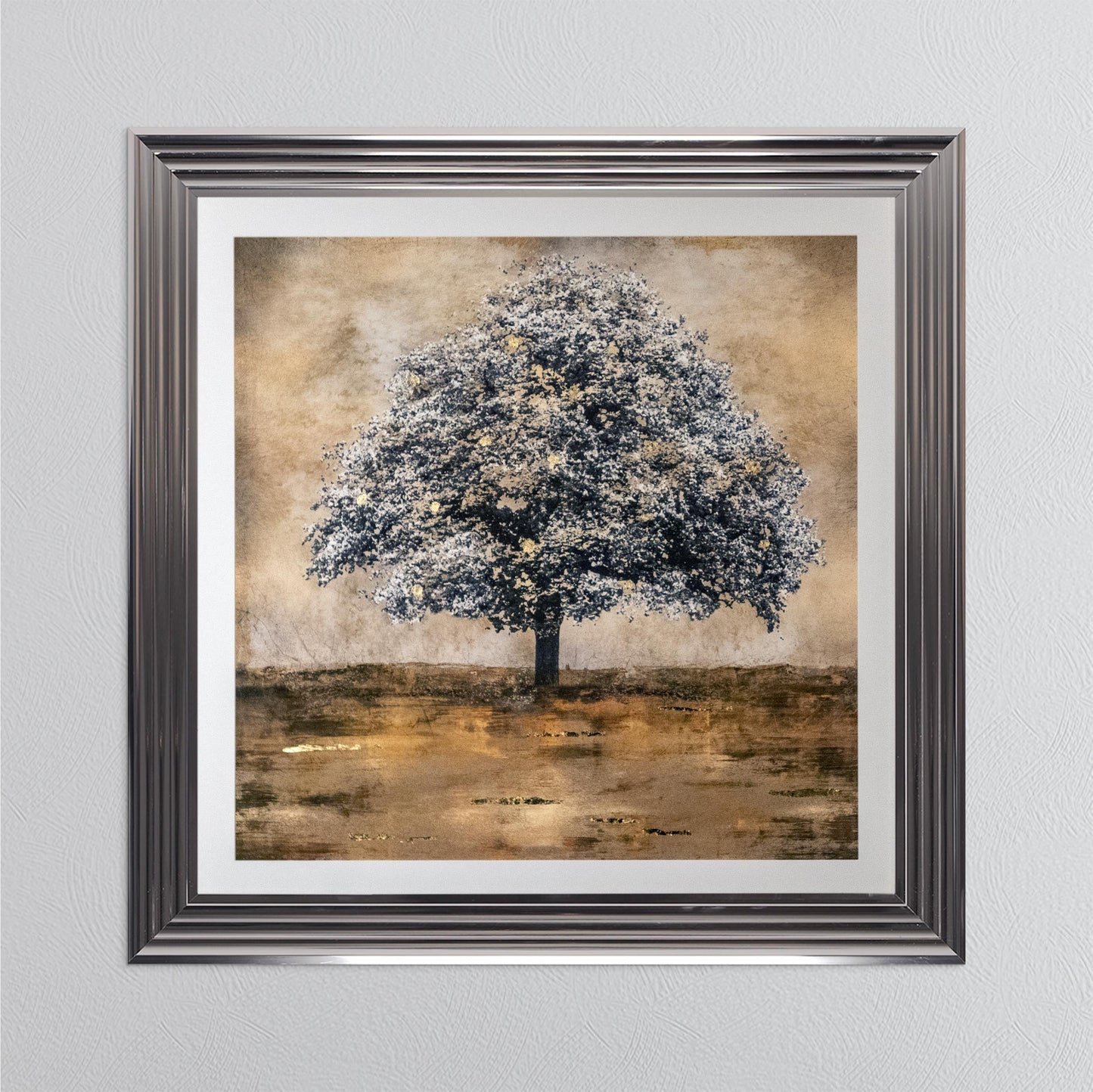 Stately Gold Tree with Gold Foil Embellishment with White Mount Framed Wall Art