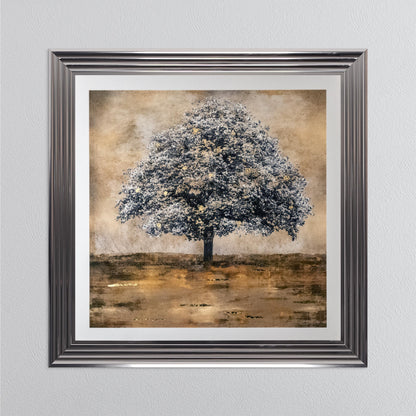 Stately Gold Tree with Gold Foil Embellishment with White Mount Framed Wall Art