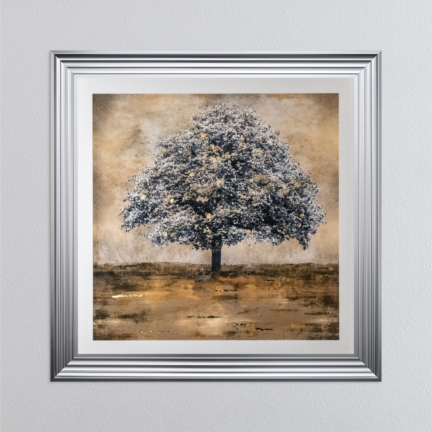 Stately Gold Tree with Gold Foil Embellishment with White Mount Framed Wall Art