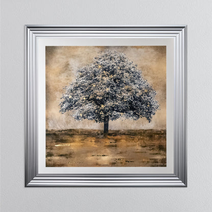 Stately Gold Tree with Gold Foil Embellishment with White Mount Framed Wall Art