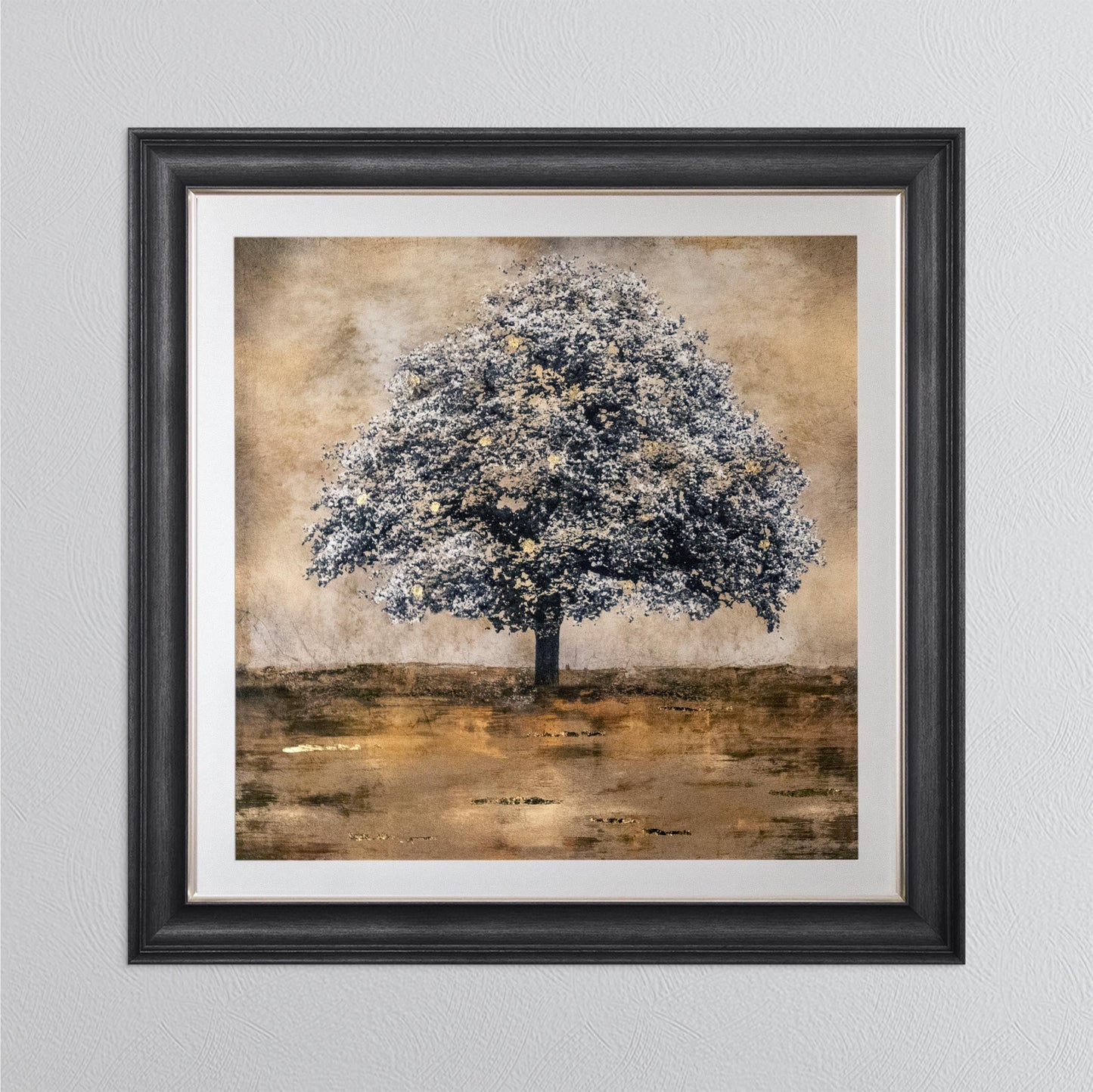 Stately Gold Tree with Gold Foil Embellishment with White Mount Framed Wall Art
