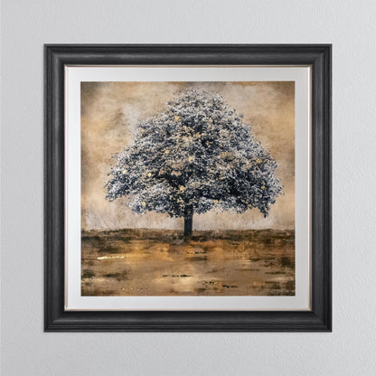 Stately Gold Tree with Gold Foil Embellishment with White Mount Framed Wall Art