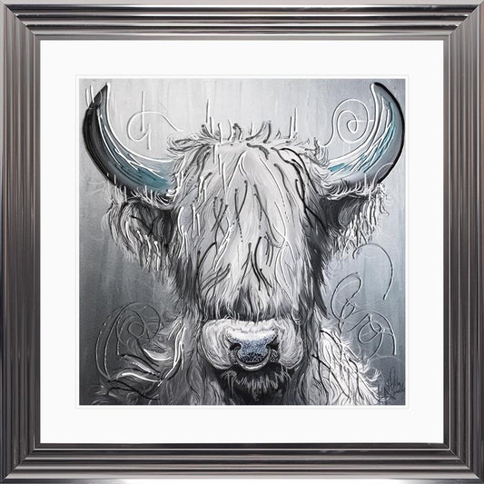 Sterling Silver Cow with White Mount Framed Wall Art