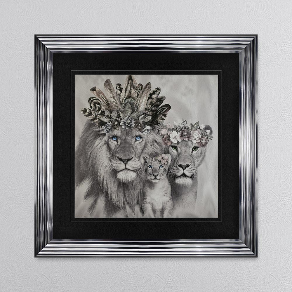 Lion Family With One Cub with Black Mount Framed Wall Art