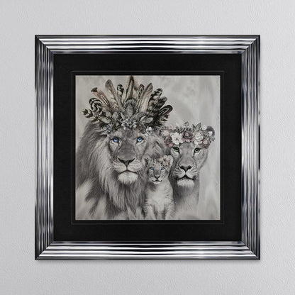 Lion Family With One Cub with Black Mount Framed Wall Art
