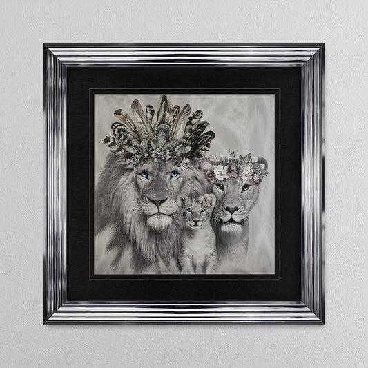 Lion Family With One Cub with Black Mount Framed Wall Art