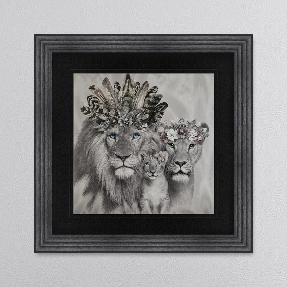 Lion Family With One Cub with Black Mount Framed Wall Art