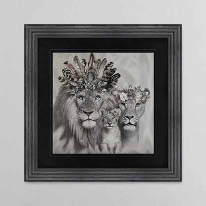 Lion Family With One Cub with Black Mount Framed Wall Art