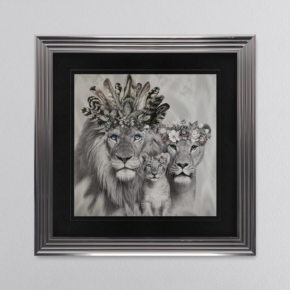 Lion Family With One Cub with Black Mount Framed Wall Art