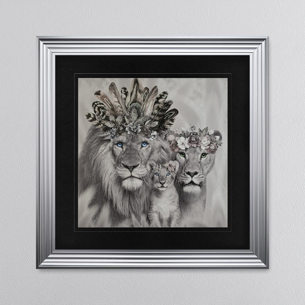 Lion Family With One Cub with Black Mount Framed Wall Art