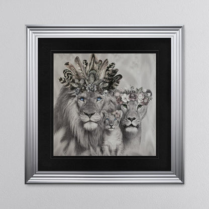 Lion Family With One Cub with Black Mount Framed Wall Art