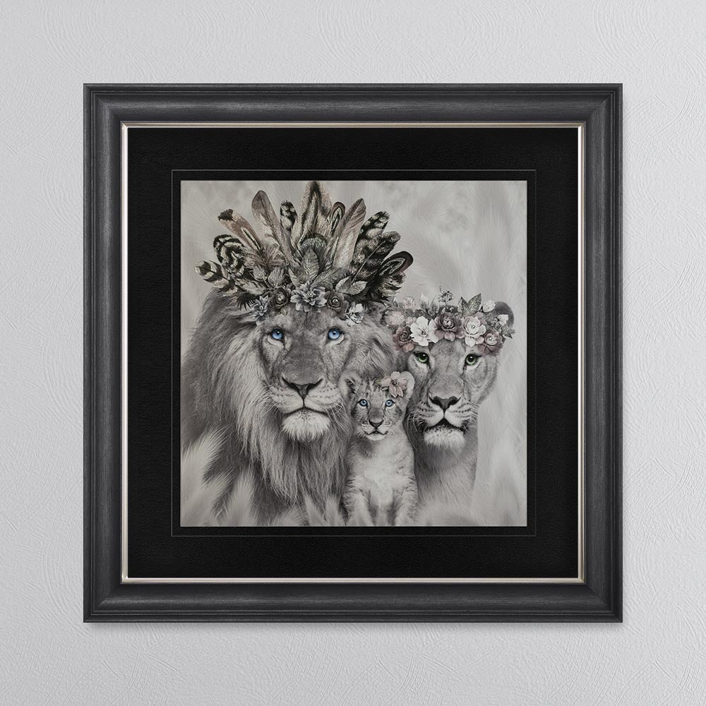 Lion Family With One Cub with Black Mount Framed Wall Art