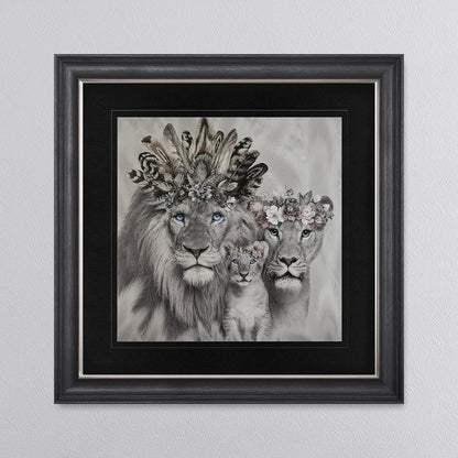 Lion Family With One Cub with Black Mount Framed Wall Art