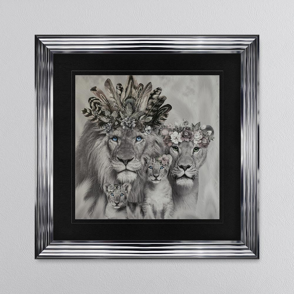 Lion Family With Two Cubs with Black Mount Framed Wall Art