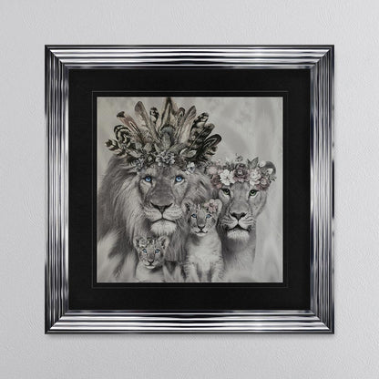Lion Family With Two Cubs with Black Mount Framed Wall Art