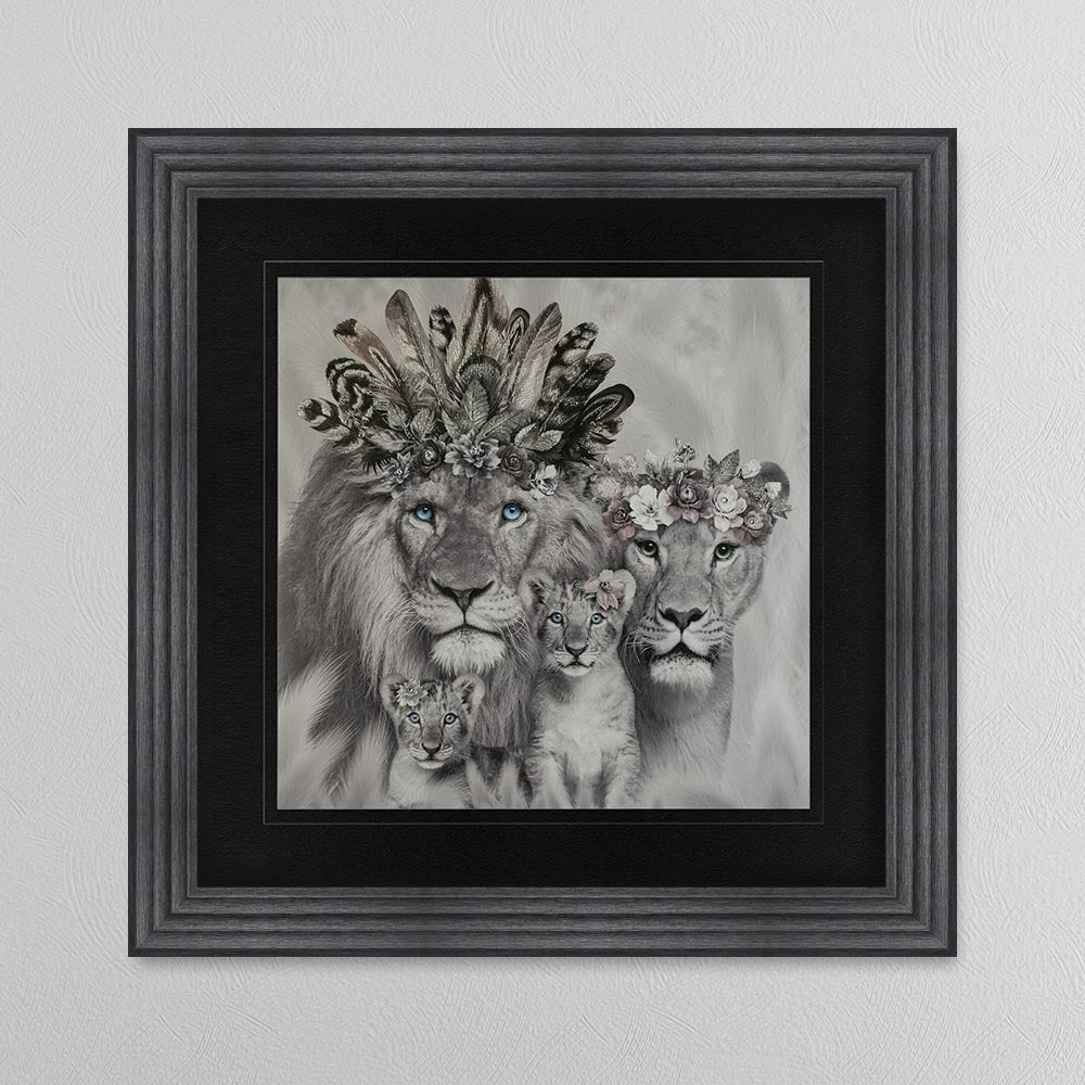 Lion Family With Two Cubs with Black Mount Framed Wall Art