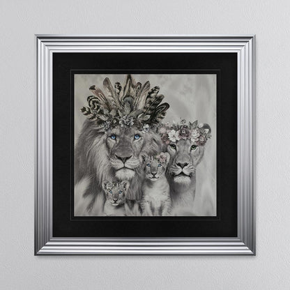 Lion Family With Two Cubs with Black Mount Framed Wall Art
