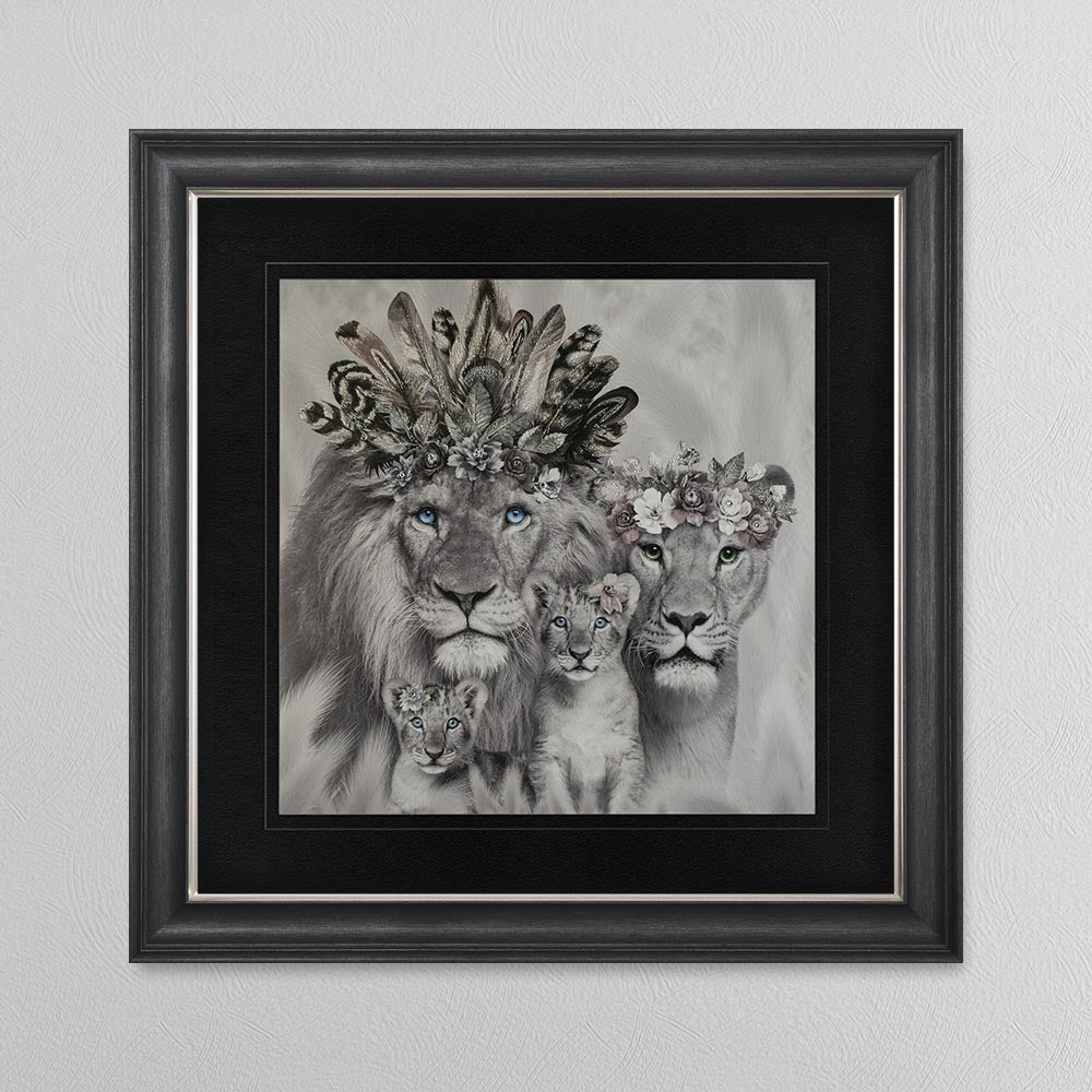 Lion Family With Two Cubs with Black Mount Framed Wall Art