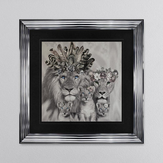 Lion Family With Three Cubs with Black Mount Framed Wall Art