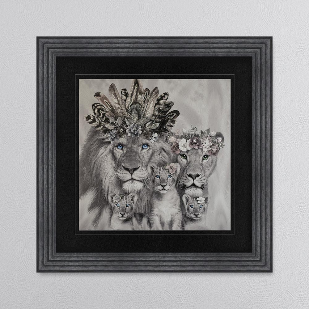 Lion Family With Three Cubs with Black Mount Framed Wall Art