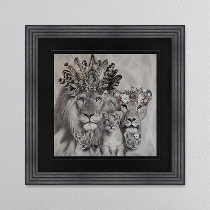Lion Family With Three Cubs with Black Mount Framed Wall Art