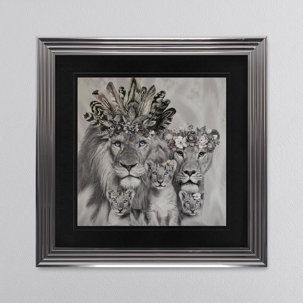 Lion Family With Three Cubs with Black Mount Framed Wall Art
