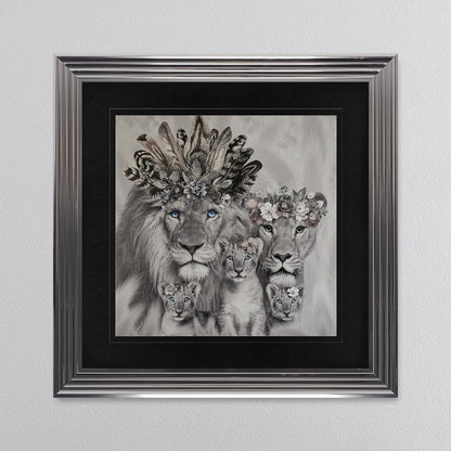 Lion Family With Three Cubs with Black Mount Framed Wall Art