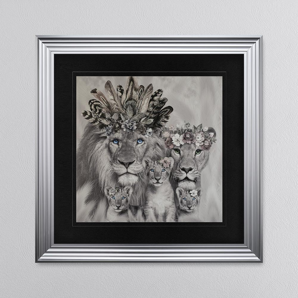 Lion Family With Three Cubs with Black Mount Framed Wall Art